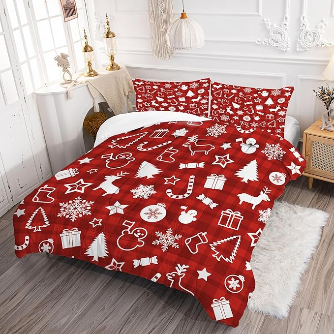 Comforter Set Plaid Christmas: Twin Size Red Bedding Set for Kids Teen Girls Boys Xmas Gift Snowflake Snowman Reindeer Pine Trees Quilt Bed Set Festival Decor 2 Piece