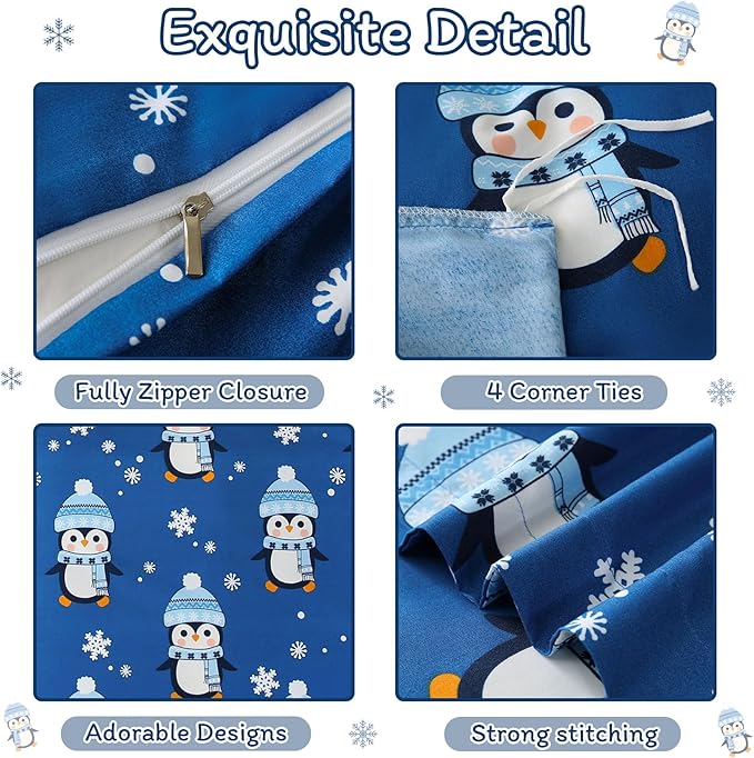 JSD Penguin Snowflakes Kids Christmas Duvet Cover Set Full Size, 3 Piece Xmas Comforter Cover with Pillow Sham Zipper Closure, Comforter Not Included