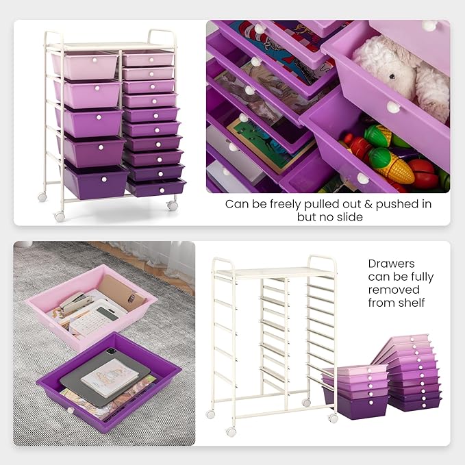 Giantex 15 Drawers Rolling Cart, Classroom Organizers, Storage Cart with Wheels, for Teacher Office Home School Supplies Tool Craft Art Paper, Purple Gradient