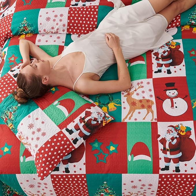 Christmas Bedding Set Queen Size Christmas Quilt Bedspread Holiday Xmas Bedding Plaid Patchwork Rustic Lodge Cabin Snowman Santa Claus Festival Decor Lightweight Reversible Bedspread Coverlet Red