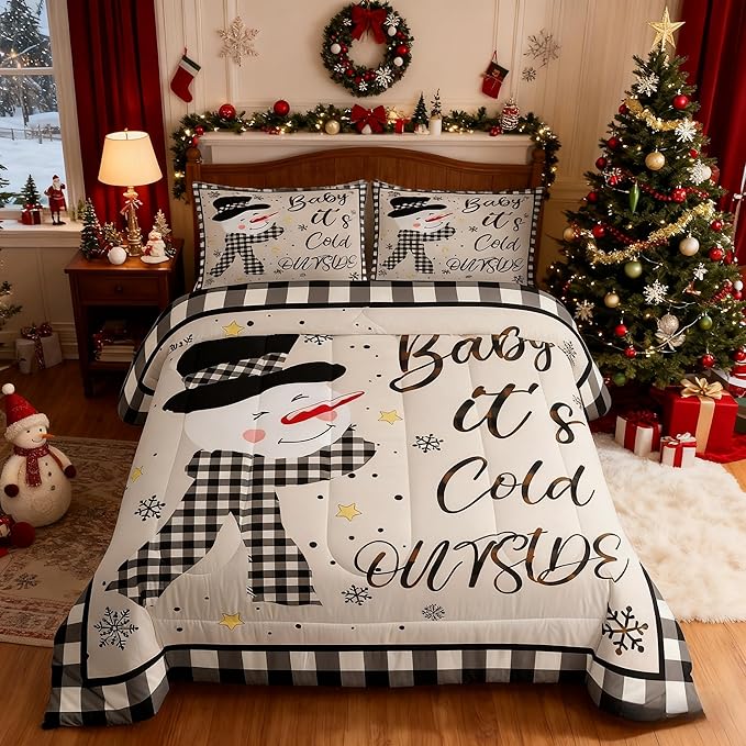 Kids Christmas Snowman Comforter Set King Size,Snowflake Winter Bedding,Girls Boys Adults Bedroom/Xmas Cabin Decor,Geometric Grids Lattice Down Comforter,Rustic Vintage Duvet Insert,2 Pillowcases
