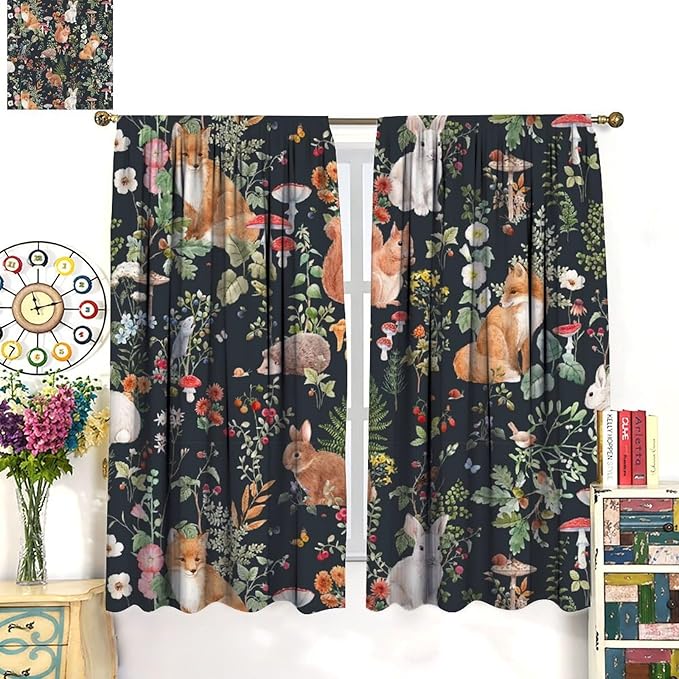 Animal Curtains, Watercolor Forest Animals Plants Pattern Blackout Window Treatments, Rod Pocket Thermal Insulated Drapes 2 Panel Sets for Bedroom Living Room, 63" W X 72" L