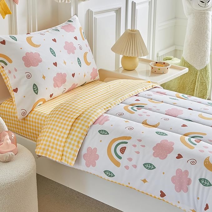 Joyreap 4 Piece Toddler Bedding Set for Girls- Pink n Yellow Clouds Moon Rainbow Lovely Design, Microfiber Toddler Bedding Comforter Set for All Seasons