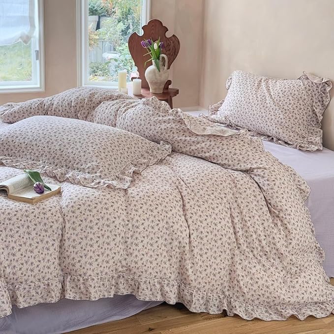BuLuTu Vintage Purple Floral Duvet Cover Queen, Muslin Cotton Comforter Cover, Soft Lightweight Farmhouse Bedding Ruffles Quilt Covers 90"x90", Zipper & Corner Ties, No Pillow