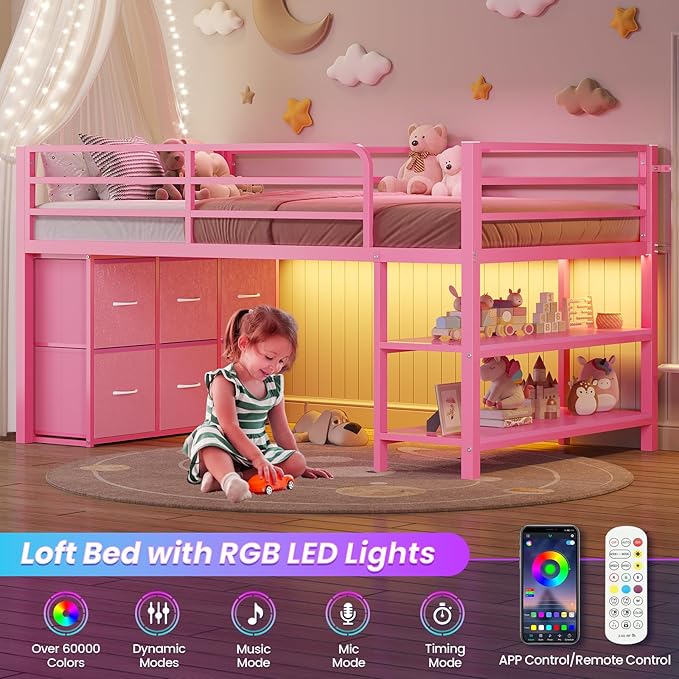 BTHFST Low Loft Bed Twin Size with 6 Storage Drawers, LED Lights, 2 Tier Storage Shelves, Kids Metal Loft Bed with 15" H Stairs & Safety Guardrail, Spave Saving, Pink