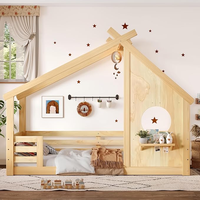 SOFTSEA Twin Size House Bed Frame, Kids Floor House Bed with Window and with Storage Shelf for Boys Girls, Wood Montessori Bed with Slats and Guardrails, Natural