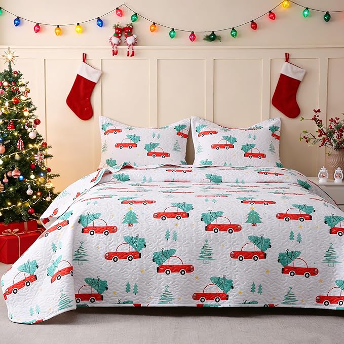 JSD 3 Pcs Kids Christmas Quilt Set Full/Queen, Red Truck Tree Christmas Theme Bedding, Soft Microfiber Bedspread Coverlet Holiday Quilted Blanket