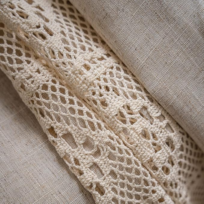 ENJOYBRIDAL Beige Curtains Crochet Lace Patchwork Drapes Curtains 63 Inch Length 2 Panels Tassel Rod Pocket Short Semi-Sheer Boho Bedroom Living Room Farmhouse Rustic Window Curtain Panels