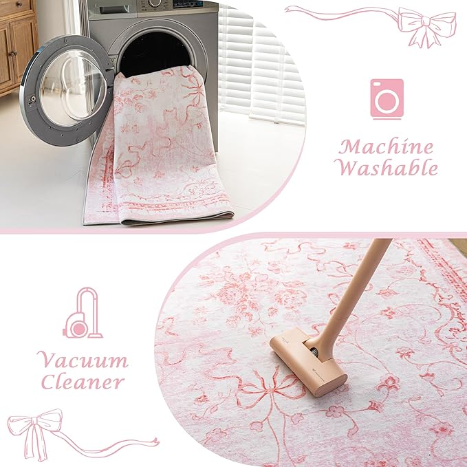 Pink Rug for Bedroom Girl Nursery - Bow Kids Rugs, Cute Coquette Teen Girls Room Decor Aesthetic, Pastel Christmas Rug 5x7, Washable Vintage Cottage Core Area Rugs for Playroom Toddler Baby Dorm