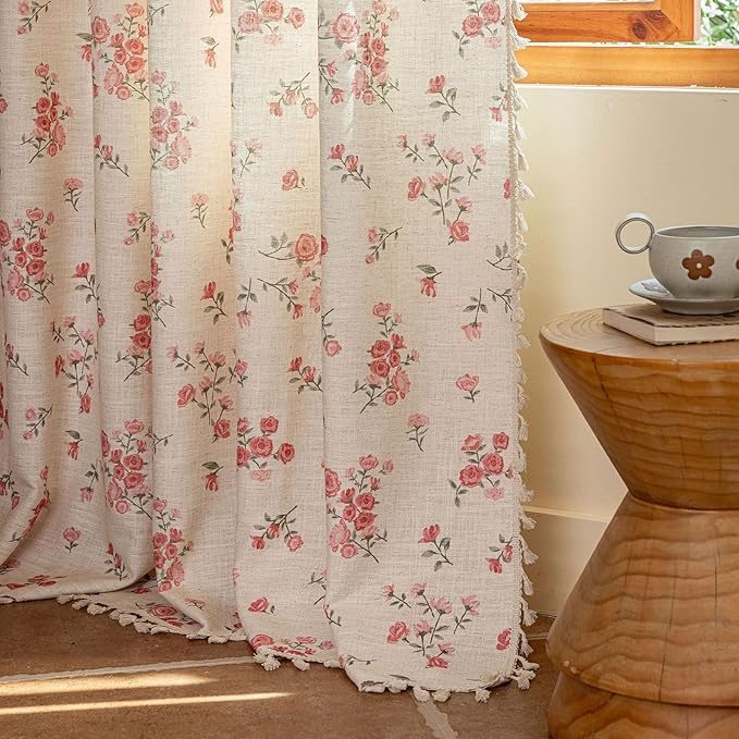 ENJOYBRIDAL Pink Floral Curtains 84 Inches Long 2 Panels Boho Tassel Drapes Farmhouse Bedroom Rod Pocket Semi Sheer Window Curtains Living Room Rustic Dining Room Aesthetic Decor Window Treatments