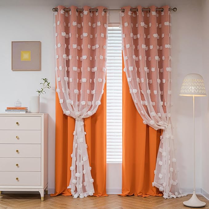 MYSKY HOME Orange Curtains 95 Inches Long for Living Room White Pom Pom Sheer Double Layer Curtains for Kids Rooms Nursery Curtains for Toddler Bedroom Grommet Room Darkening Window Panels 52" X 95"