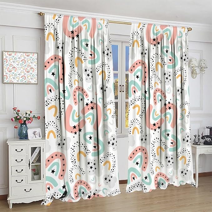 Boho Rainbow Curtains for Kids Nursery Colorful Floral Sun Star Clouds Pastel Bohemian Pattern Print Window Drapes for Girl Bedroom Living Room Kitchen Decor,2 Panel Set,42Wx45H Inch Decor