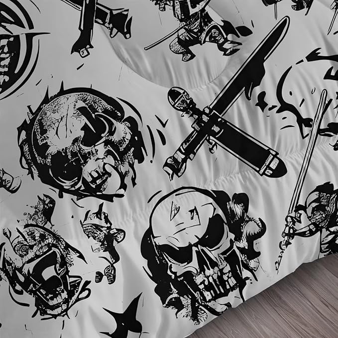 Grey Pirates Comforter Set Queen: Skull Bedding Set for Boys Kids Men Teen Bed Bedroom Dorm Nautical Gaming Samurai Ninjas Quilt 1 Comforter + 2 Pillow Cases