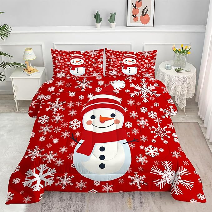 Christmas Comforter Set Queen: Christmas Snowman Red Bedding Sets for Teen Girls Women Bedroom Decor Xmas Snowflakes Quilt Winter Snow Duvet Bed Set 1 Comforter & 2 Pillowcases