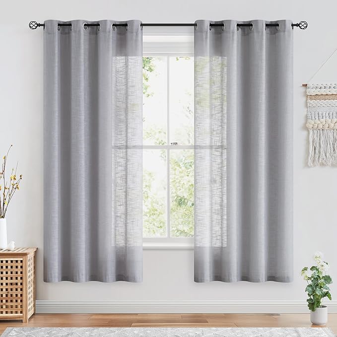 FMFUNCTEX Linen Semi Sheer Curtains for Bedroom, Grey Curtains 72 Inch Length for Living Room, Country Farmhouse Sheer Drapes, Light Filtering Window Curtain, Grommet Top 2 Panels