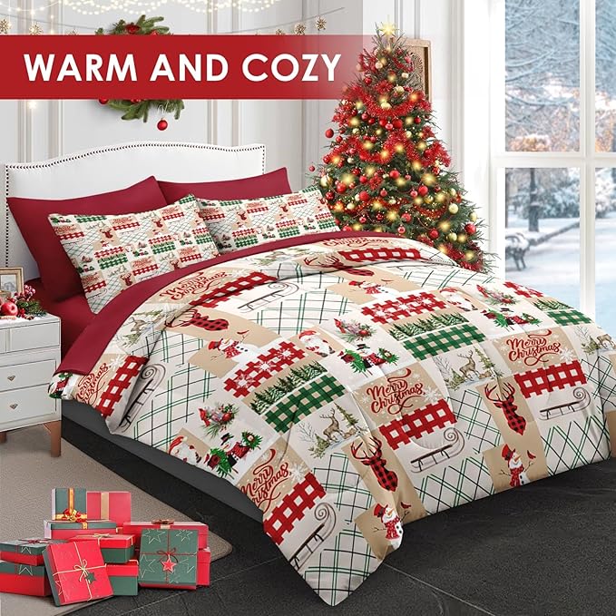 7 Pcs Full Size Christmas Comforter Set with 2 Pillowcases & 2 Shams, Winter Xmas Plaid Bedding for Kids and Adults, Cute Snowman Reindeer Bed in a Bag with Flat Fitted Sheet