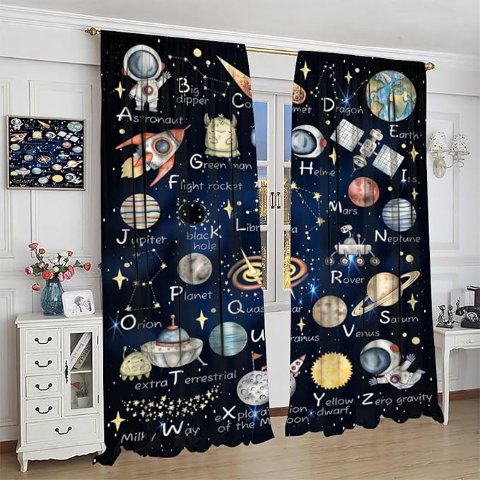 Cartoon Kids Alphabet Astronaut Curtain，Retro Cute Cosmic Galaxy Letter Printed Rod Pocket Blackout Window Treatments for Boys Girls Bedroom Living Room School 42" W X 54" L