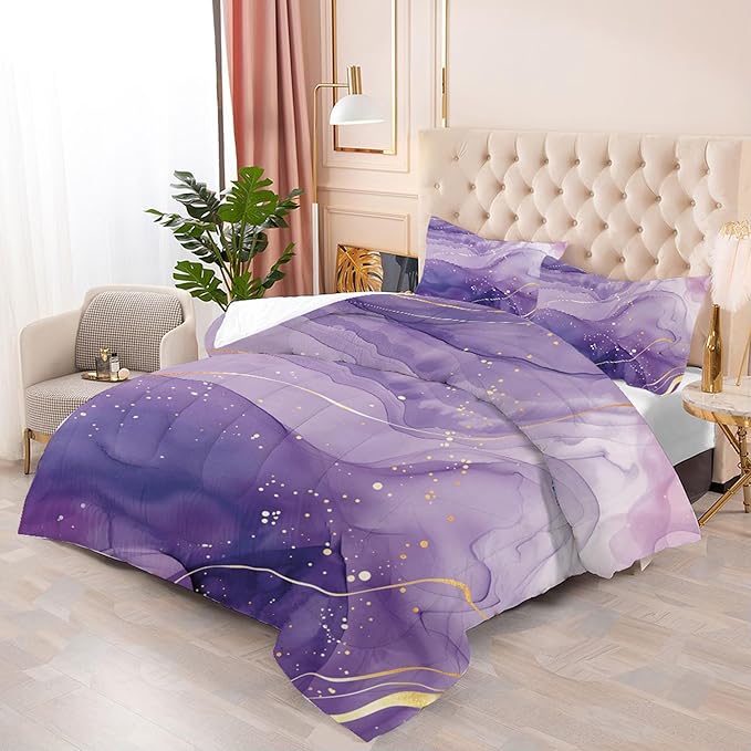 Purple Comforter Set Queen: Light Purple Watercolor Marble Bedding Set Abstract Artwork Gold Glitter Marbling Quilts Modern Aesthetic Bed Set for Women Adults Girls 3 Piece