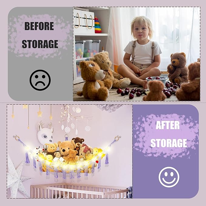 Stuffed Animal Hammock with LED Light, Large Stuffed Animals Storage Corner Plushie Net for Kids Room Decor, Purple