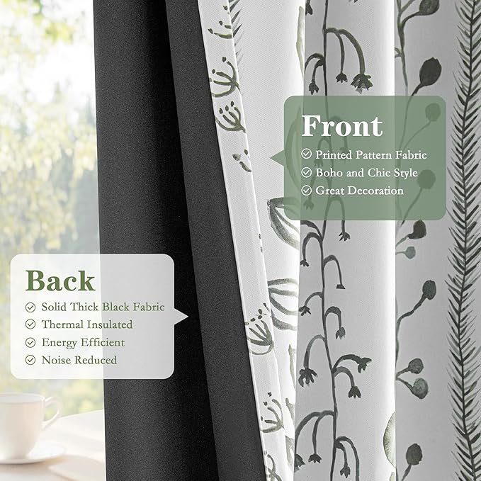 MEETSKY Sage Green Blackout Curtains 63 Inches Long 2 Panels Boho Curtains for Living Room Thermal Insulated Privacy Protection Rod Pocket Drapes for Bedroom, Leaf Print Window Treatment, 50" Wide