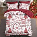 7 Pcs Queen Size Christmas Comforter Set with 2 Pillowcases & 2 Shams, Happy Xmas Red Pine Tree Bedding for Kids and Adults, Merry Winter Bed in a Bag with Flat Fitted Sheet