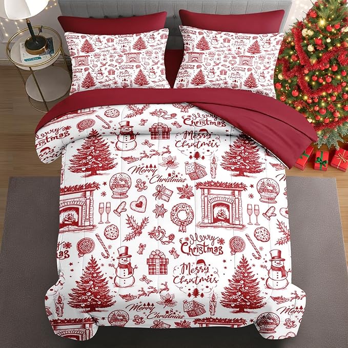 7 Pcs Queen Size Christmas Comforter Set with 2 Pillowcases & 2 Shams, Happy Xmas Red Pine Tree Bedding for Kids and Adults, Merry Winter Bed in a Bag with Flat Fitted Sheet