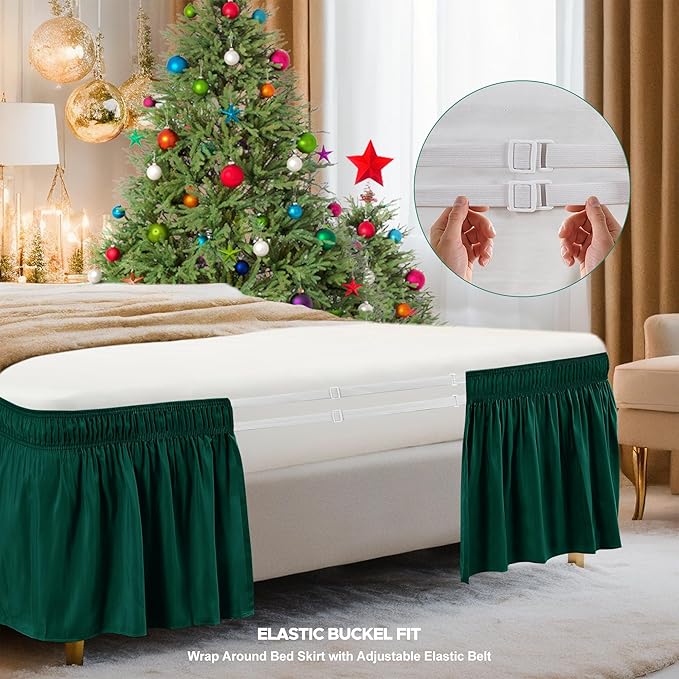 Biscaynebay Wrap Around Bed Skirts for King & Cal King Beds 15" Drop, Christmas Hunter Green Adjustable Elastic Dust Ruffles Easy Fit Wrinkle & Fade Resistant Silky Luxurious Fabric Machine Washable