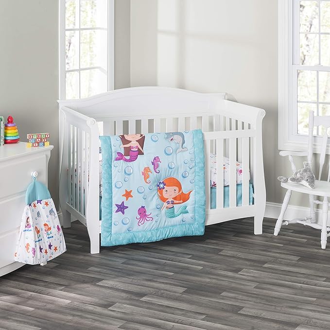 EVERYDAY KIDS 3 Piece Girls Crib Bedding Set - Mermaid Adventures - Includes Quilt, Fitted Sheet and Dust Ruffle - Nursery Bedding Set - Baby Crib Bedding Set