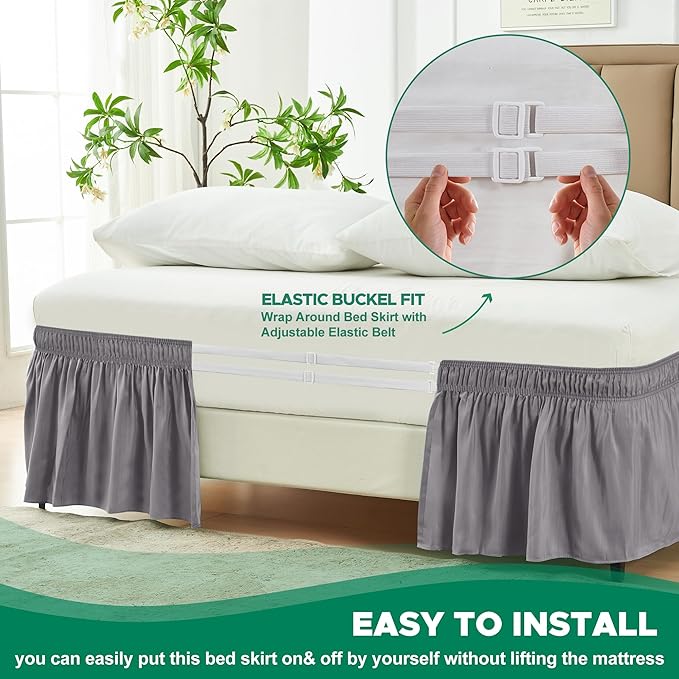 Biscaynebay Wrap Around Bed Skirts for Full & Full XL Beds 22" Long Drop, Silver Grey Adjustable Elastic Dust Ruffles Easy Fit Wrinkle Resistant Silky Luxurious Fabric Machine Washable