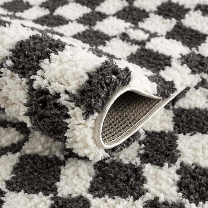 Hauteloom Kieu Contemporary Checkered Fluffy Shag Area Rug - Modern Geometric Soft Carpet Tiles for Living Room, Kids Room, Nursery - Black, White - 8'10" x 12'