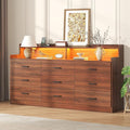 Bigbiglife 9 Drawer Dresser with Built in Power Outlet and LED Light, Modern Chest of Drawers for Bedroom, Triple Wide Drawer Organizer Cabinet for Living Room, Entryway, Hallway, Walnut Brown