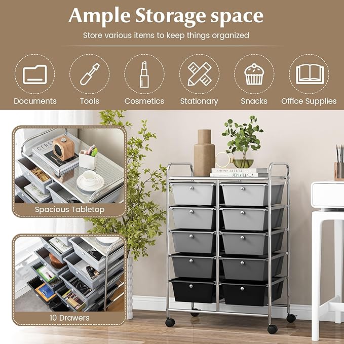 RELAX4LIFE Rolling Storage Cart with 10 Drawers - Craft Storage Cart with Lockable Wheels,Utility Cart, Art Cart Organizer for Crafting Storage, Office, School Rolling Drawer Cart (Gradient Black)