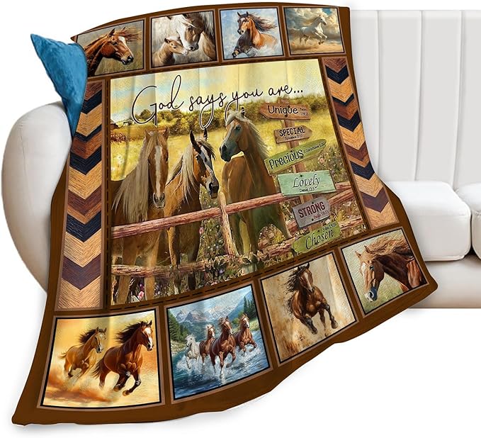 Horse Blanket Motivational God Say You are Throw Blankets Gifts for Girls Boys Cozy Warm Soft Fuzzy Flannel Throws Plush Stuffed Animal Western Horses Fleece Gifts for Men Women for Sofa Bed 60"x80"