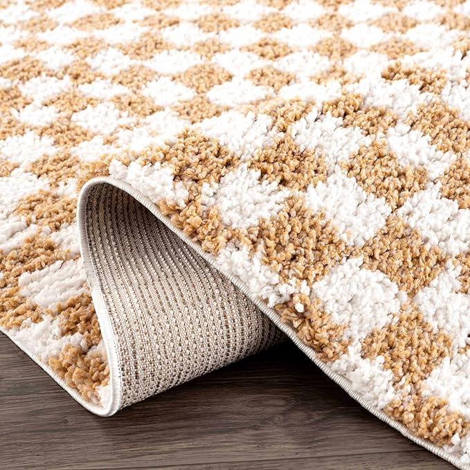 Hauteloom Kieu Contemporary Checkered Fluffy Shag Area Rug - Modern Geometric Soft Carpet Tiles for Living Room, Kids Room, Nursery - White, Yellow - 8'10" x 12'
