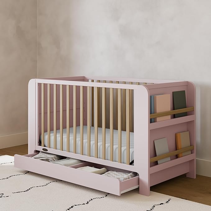 Graco Read-with-Me 4-in-1 Convertible Crib with Drawer (Blush with Driftwood) - GREENGUARD Gold Certified Converts to Toddler Bed, Daybed, and Functional Bookshelves