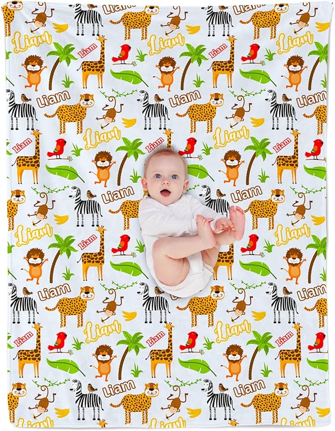 Custom Safari Animals Blanket Gift, Personalized Baby Blanket with Name, Soft Plush Flannel/Sherpa Fleece Throw Blankets for Toddler Kid Teen Boys Girls Color03