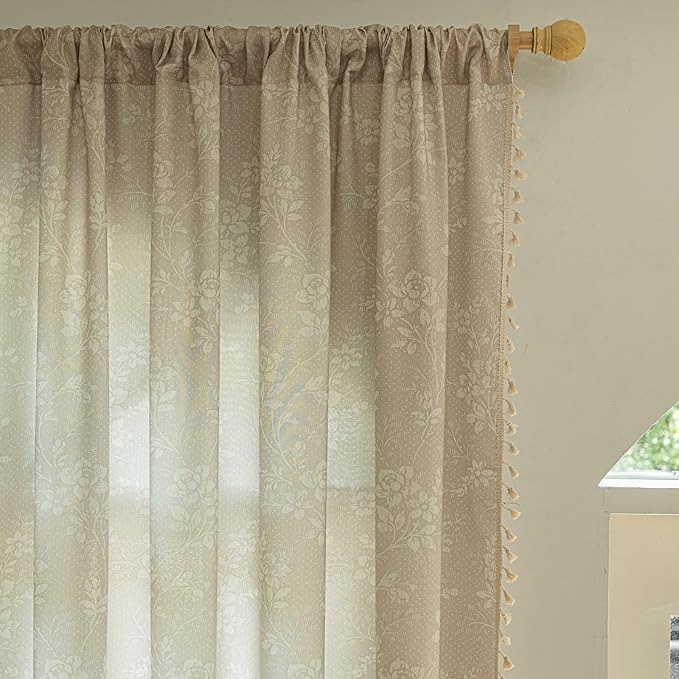ENJOYBRIDAL Floral 63 Inch Curtains 2 Panel Set Light Camel Rustic Drapes Rod Pocket Bedroom Living Room Semi Sheer Window Curtain Panels Short Farmhouse Boho Chic Cute Window Treatments