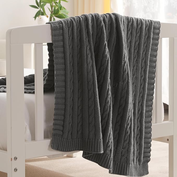 NTBAY 100% Pure Cotton Cable Knit Toddler Blanket, Super Soft Warm Breathable 30x40 Baby Blanket for Crib, Stroller, Nursery, Travel, Newborn, 30x40 Inches, Grey