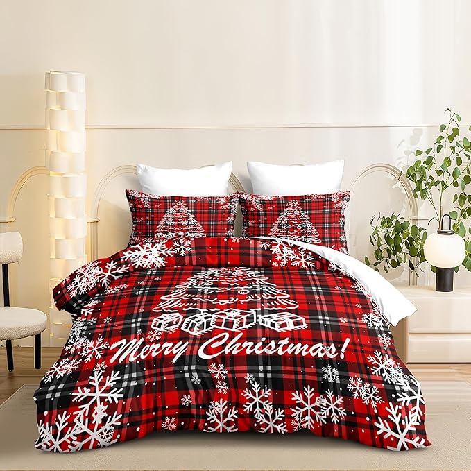 Christmas Duvet Cover Full Size Black Red Gingham Xmas Bedding Set Kids Boys Girls Christmas Tree Plaid Pattern Soft Comforter Cover 3 Pieces with Zipper Closure (No Comforter)
