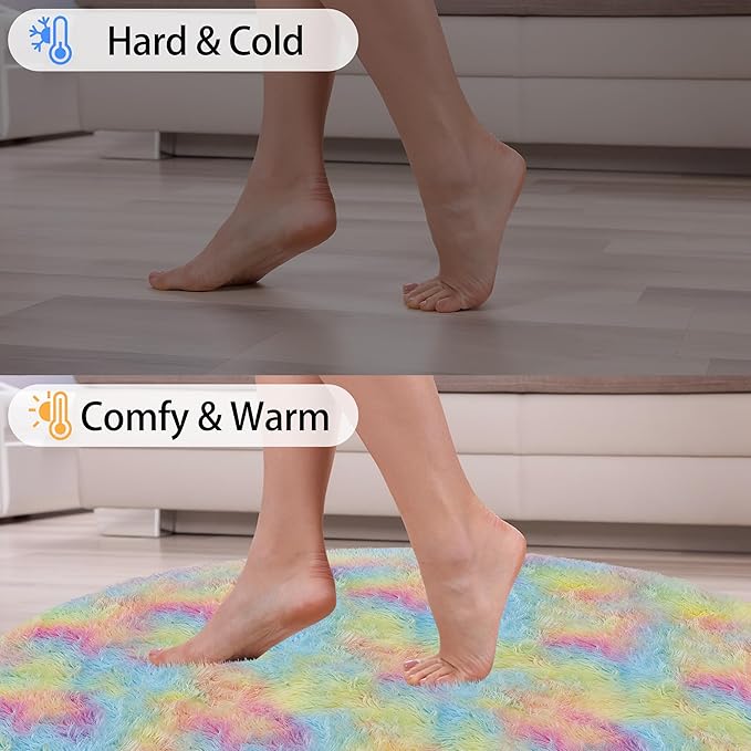 6 ft Large Fluffy Round Rug for Girls Bedroom,Soft Shaggy Rainbow Rugs Plush Fuzzy Circle Area Rug for Living Room Cute Kids Playroom Room Baby Toddler Nursery Colorful Home Decor Aesthetic