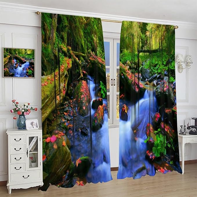 Forest Landscape Blackout Curtains, Natural River Rainforest Waterfalls Plant Print Pattern Window Drapes, for Bedroom Living Room 55" W X 63" L