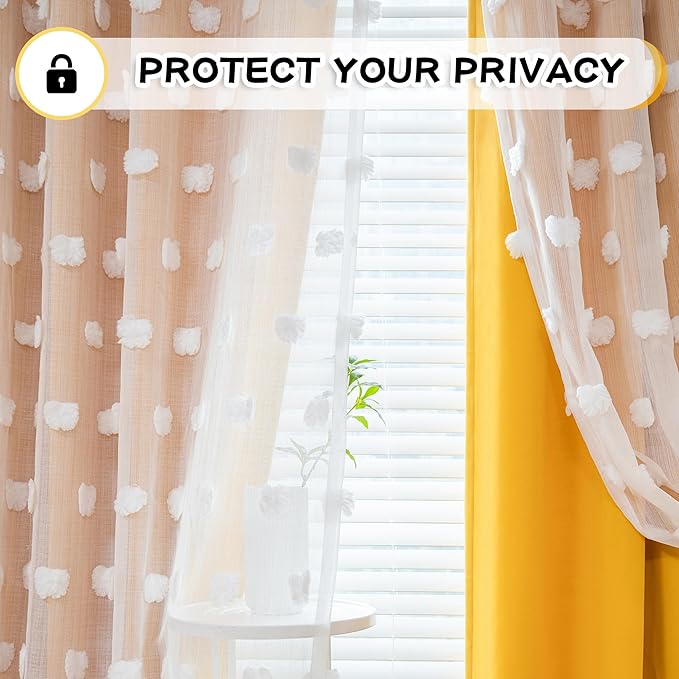 MYSKY HOME Yellow Curtains for Bedroom 54 Inch Long Double Layer Curtains for Kids Room Kithen White Pom Pom Sheer Nursery Curtains Grommet Room Darkening Small Window Curtains 2 Panels 52" x 54"
