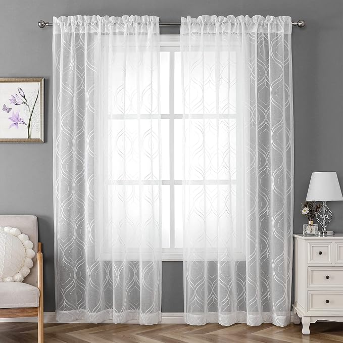 VISIONTEX White Sheer Curtains 108 Inches Long 2 Panels Set Moroccan Embroidered Curtains Trellis Decor French Textured Rod Pocket Voile Tulle Semi Window Drapes for Bedroom Living Room 54 x 108 Inch