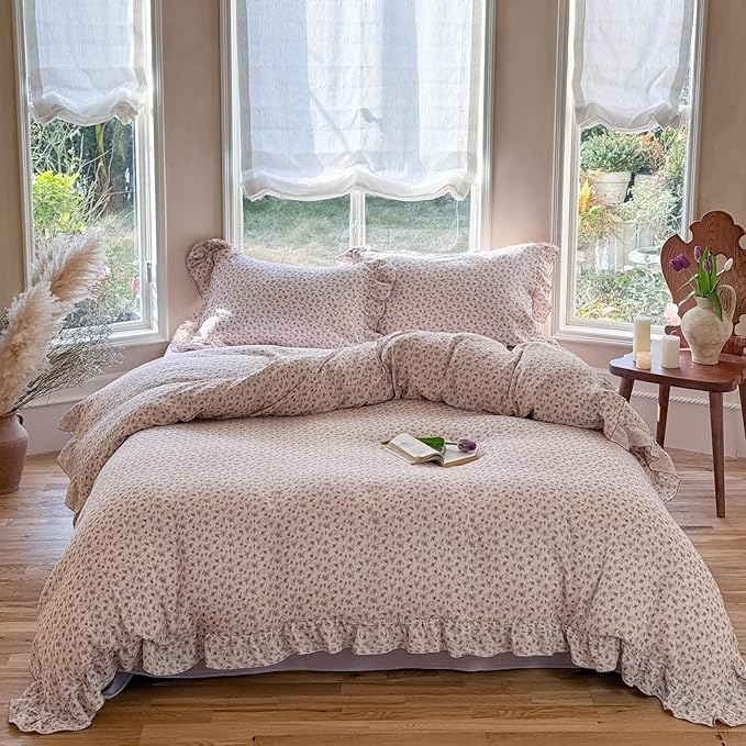 BuLuTu Vintage Purple Floral Duvet Cover Queen, Muslin Cotton Comforter Cover, Soft Lightweight Farmhouse Bedding Ruffles Quilt Covers 90"x90", Zipper & Corner Ties, No Pillow