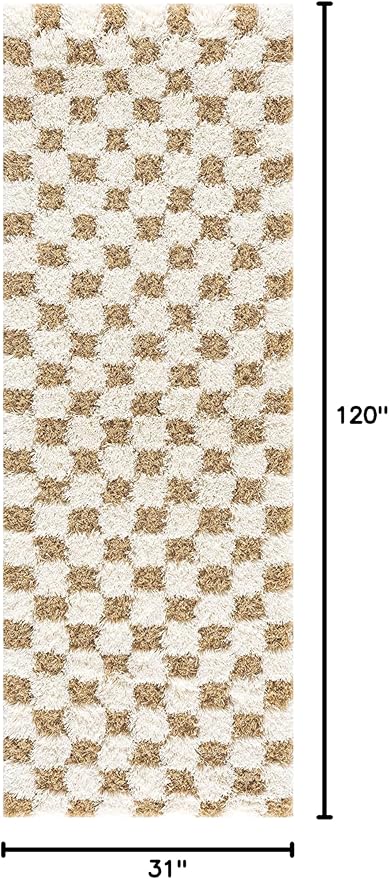 BoutiqueRugs Atira Modern Checkered Shag Rug - High Pile Fluffy Shaggy Carpet for Hallway, Nursery, Playroom, Girls Boys Room - Yellow, Cream, White, Mustard - 2'7" x 10' (2x10)