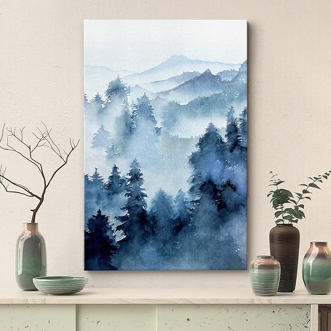 SIGNWIN Canvas Print Wall Art Woodland Nursery Decor Blue Winter Mist Pastel Mountain Forest Nature Illustrations Modern Art Decorative Landscape Colorful for Living Room, Bedroom, Office - 32"x48"