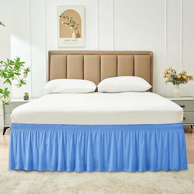 Biscaynebay Wrap Around Bed Skirts for Full & Full XL Beds 15" Drop, Denim Blue Elastic Dust Ruffles with Adjustable Belts Silky Luxrious Fabric Machine Washable