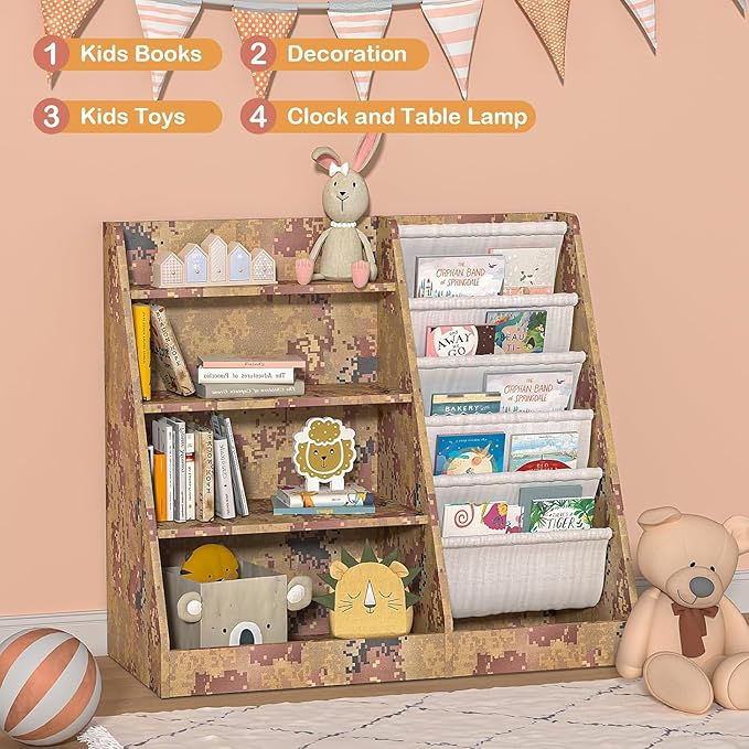 NACHES Montessori Kids Bookshelf Fabric Sling Pockets & Open Shelves – Front Facing Toddler Book Display and Toy Storage Organizer for Nursery Playroom or Bedroom 35" Wide (Camouflage Color, Middle)