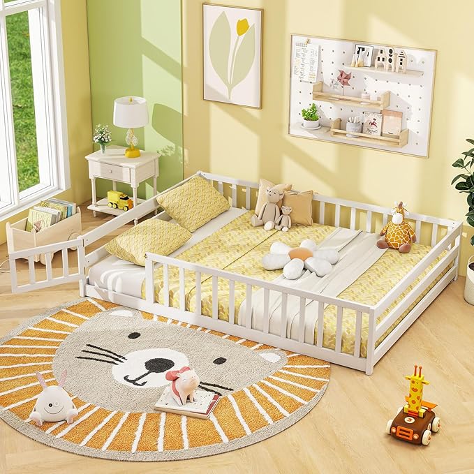 Giantex Full Floor Bed with Door & Fence, Kids Wood Montessori Beds with Safety Guardrails, Floor Bed Twin for Kids, Boys, Girls, No Box Spring Needed, White