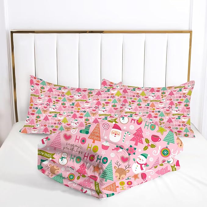 Pink Christmas Comforter Set: Full Size Cartoon Xmas Snowman Bedding Sets Cute Santa Claus Christmas Tree Elk 3 Piece Quilt Bed Set 1 Comforter & 2 Pillowcases